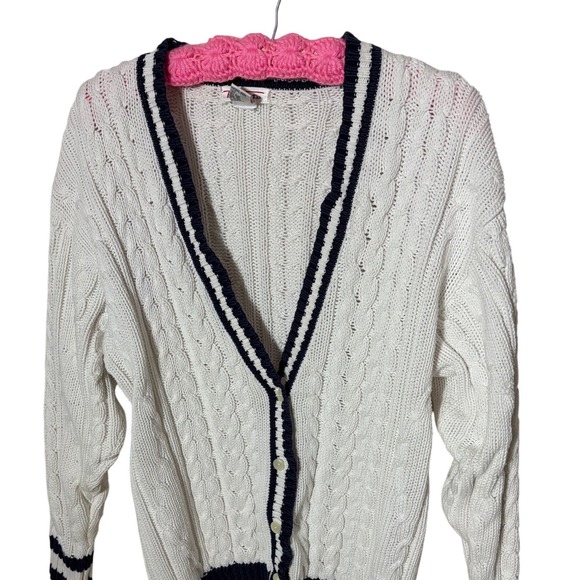 Talbots Womens White Cable Knit Cotton Cricket Cardigan Navy Stripe M Nautical - Picture 10 of 13